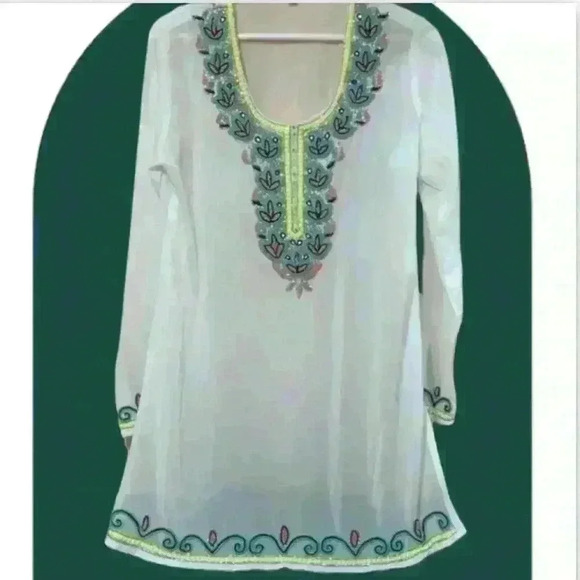Flint Moss Beach size Small Beaded Swim Coverup White Sheer - Picture 1 of 17